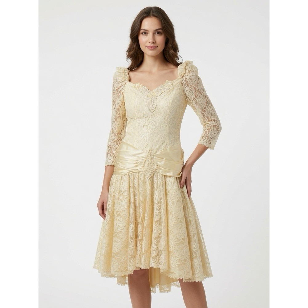 Vintage Dress 16M Ivory Lace Beaded Puff Union Mother of Bride Fit & Flare 60s
